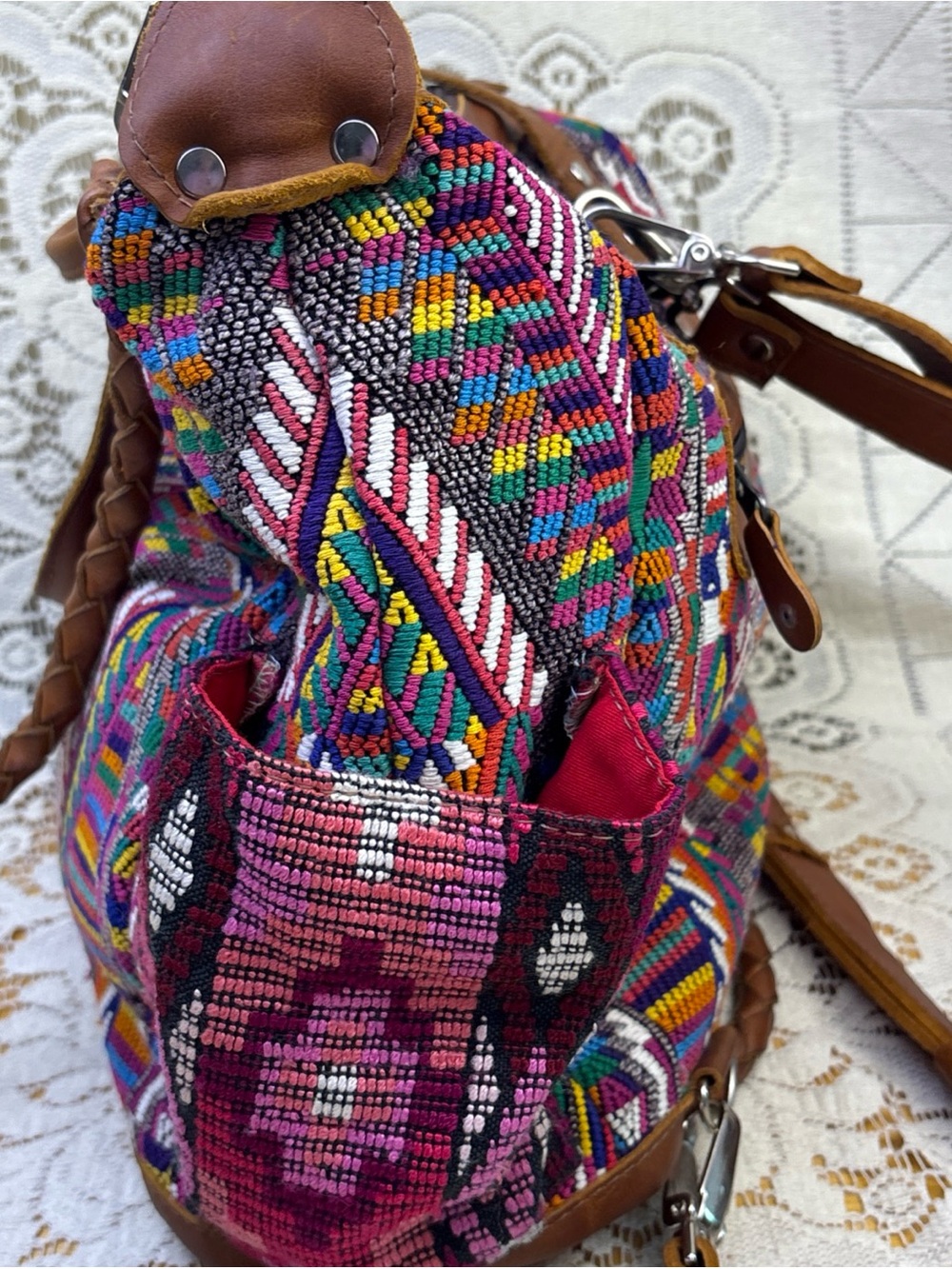 Nena & Co. Large Huipil Textile Convertible Backpack Crossbody Leather - Picture 4 of 14